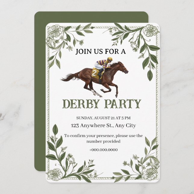 Convite Modern Floral Equestrian Derby Invitation (Frente/Verso)