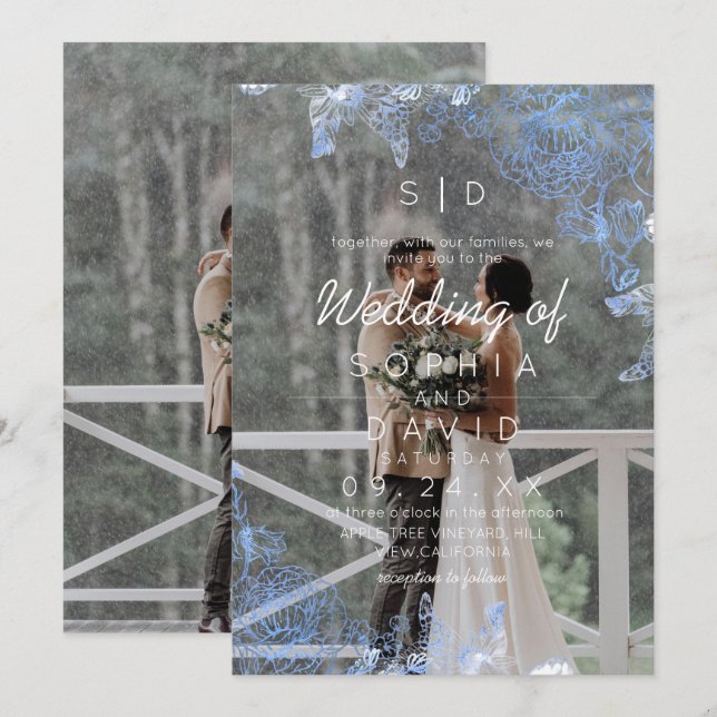 Convite Modern Floral Frame Photo Modern Wedding  (Frente/Verso)