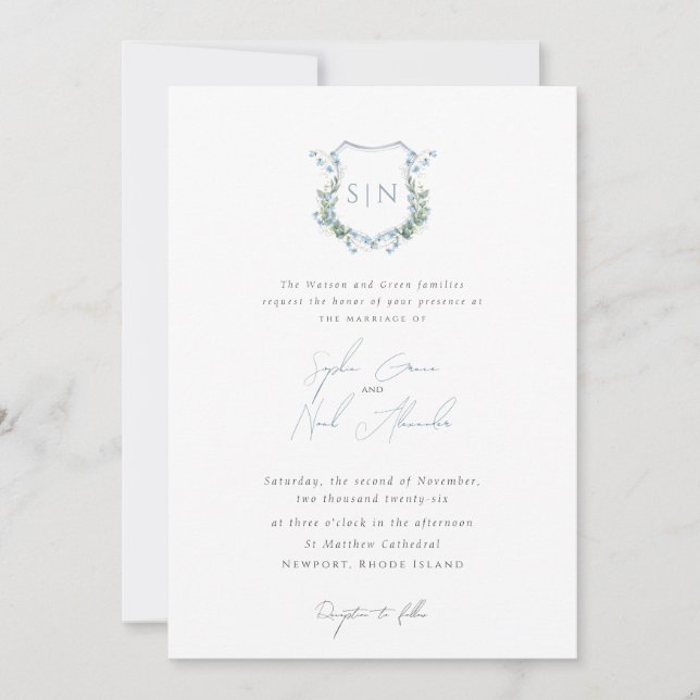 Convite Modern Floral Monogram Crest Formal  Wedding (Frente)