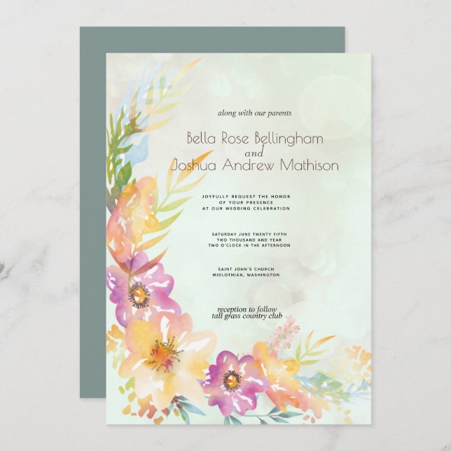 Convite Modern Floral Pastel Wedding (Frente/Verso)