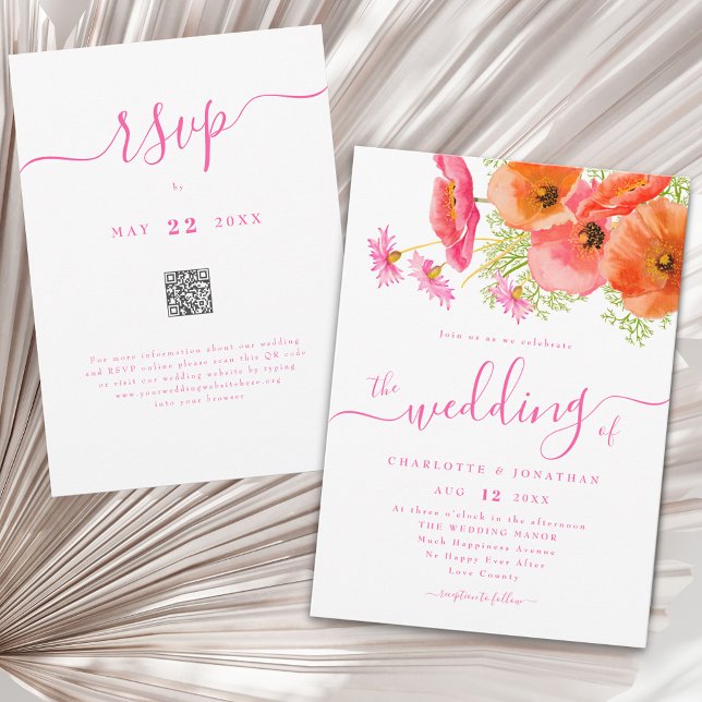 Convite Modern Floral Vibrant Pink Orange Wedding Qr Code (Modern boho chic vibrant wildflower watercolor floral bouquet pink orange wedding qr code invitation)