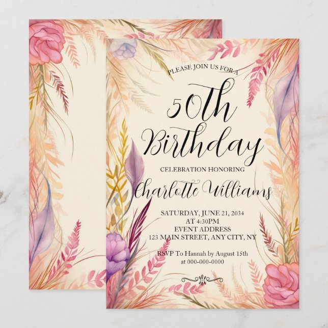 Convite Modern Floral Women 50th Birthday (Frente/Verso)