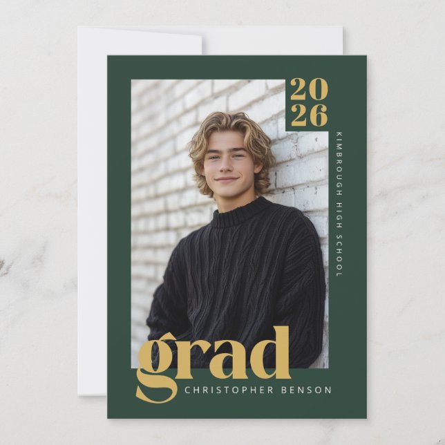 Convite Modern Forest Green Gold Photo Graduation (Frente)