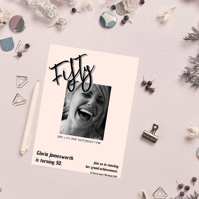 Convite Modern Funny Light Pink Photo 50th Birthday  (Criador carregado)