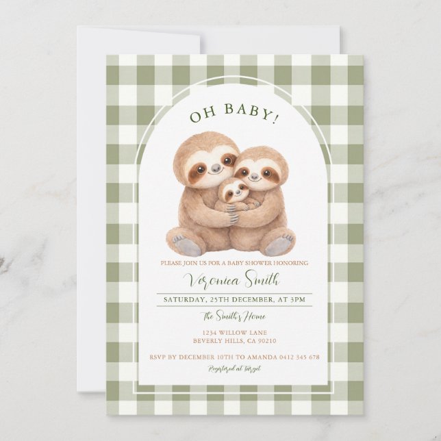 Convite Modern Gingham Family Sloth Baby Shower Invitation (Frente)