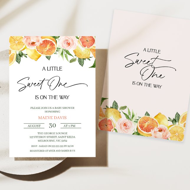 Convite Modern Girls Floral Citrus Sweet One Chá de fralda (Little Sweet One Baby Shower Invitation, Floral Citrus Baby Shower Invitation Girl, Lemons Oranges)