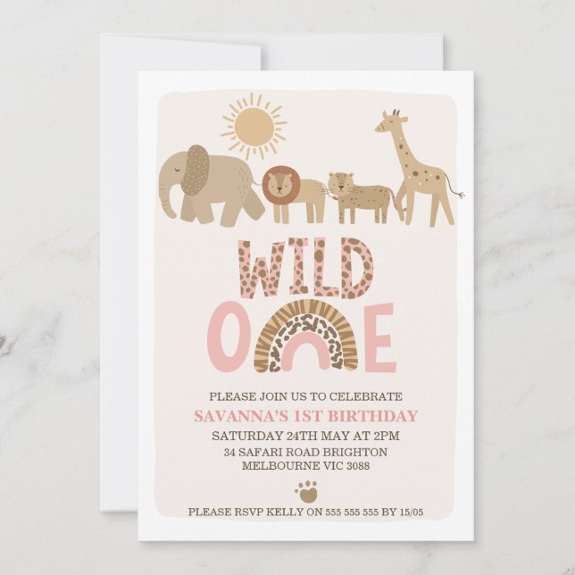 Convite Modern Girls Safari Wild One primeiro aniversario (Frente)