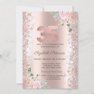 Convite Modern Glitter Confetti Rose Gold Roses 35º 