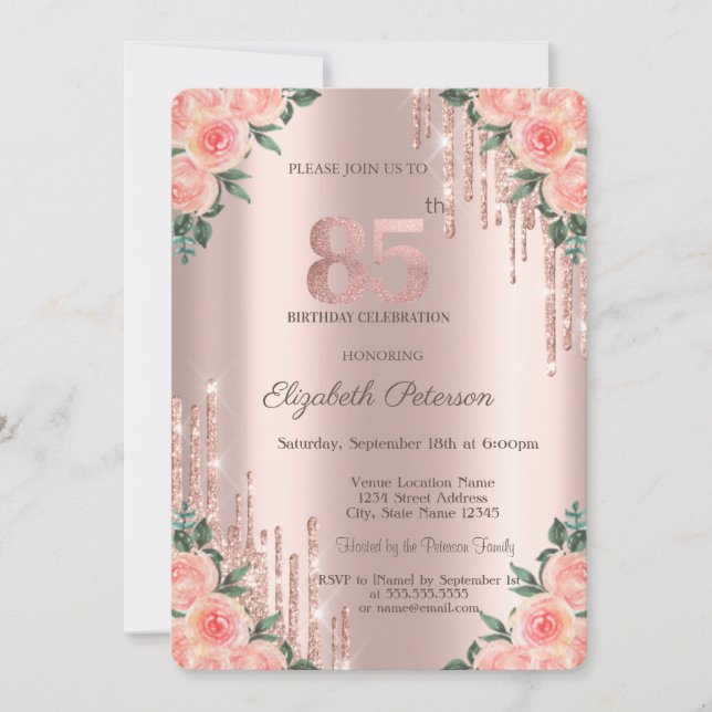 Convite Modern Glitter Drips Floral Rosa Dourado 85º  (Frente)
