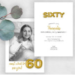 Convite Modern Gold Balloon 60th Birthday Party Photo<br><div class="desc">This minimalist gold balloon typography 60th birthday invitation is the perfect choice for your son or daughter. A simple yet elegant birthday invitation to be customized with your details including any special phrase you may want to add to the back and upload a beautiful black and white photo.</div>