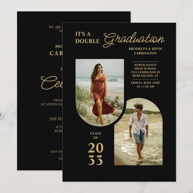 Convite Modern Gold Black Double Grad 2 Photo TMF26 (Frente/Verso)
