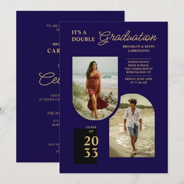 Convite Modern Gold Blue Double Grad 2 Photo TMF26 (Frente/Verso)
