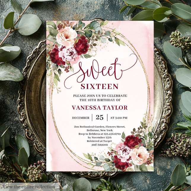 Convite Modern Gold Burgundy Floral Sweet Sixteen Card (Modern Gold Burgundy Floral Sweet Sixteen Card)