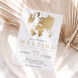 Convite Modern gold chic world map wedding