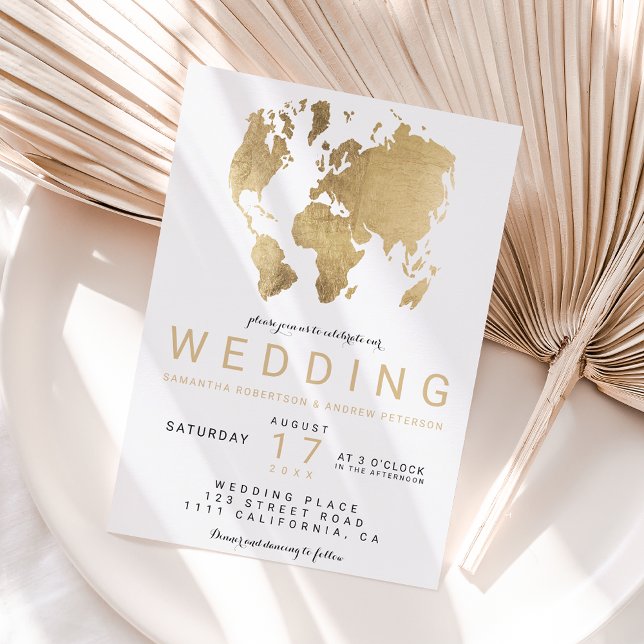 Convite Modern gold chic world map wedding (Criador carregado)