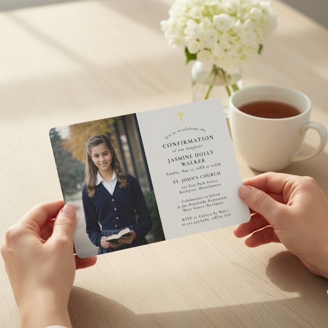 Convite Modern Gold Cross Photo Confirmation Invite (Criador carregado)