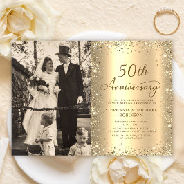 Convite Modern Gold Glitter Photo 50th Wedding Anniversary