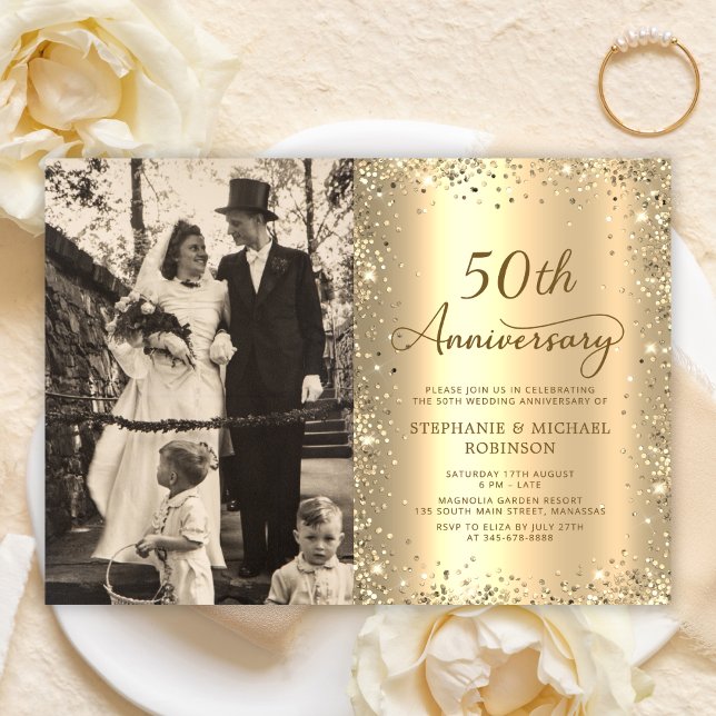 Convite Modern Gold Glitter Photo 50th Wedding Anniversary (Criador carregado)