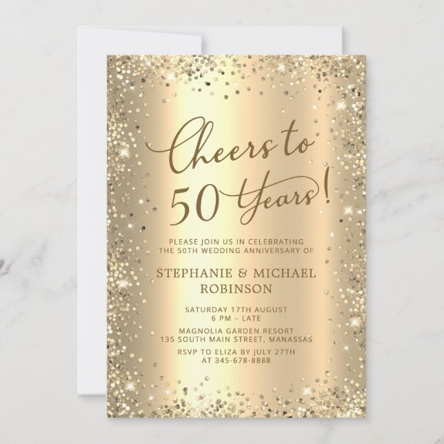 Convite Modern Gold Glitter Photo 50th Wedding Anniversary (Frente)