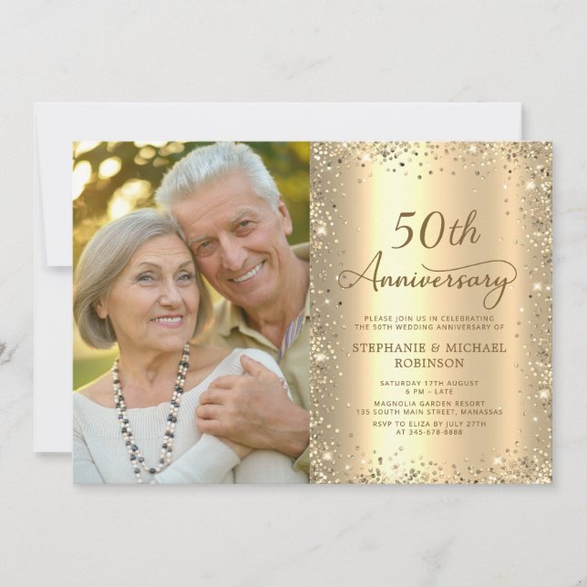 Convite Modern Gold Glitter Photo 50th Wedding Anniversary (Frente)