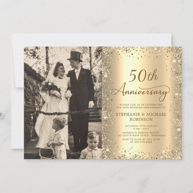 Convite Modern Gold Glitter Photo 50th Wedding Anniversary (Frente)