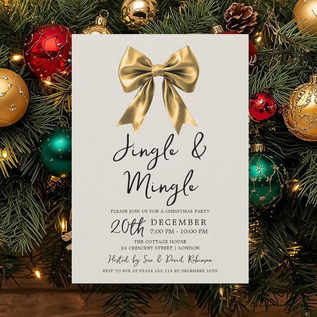Convite Modern Gold Jingle & Mingle Christmas Party Bow (Modern Gold Jingle & Mingle Christmas Party Bow Invitation)