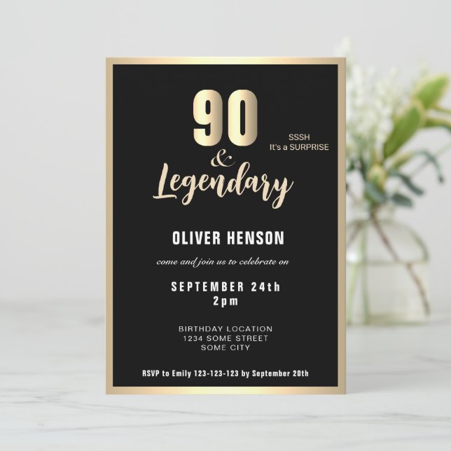 Convite Modern Gold Metallic Surprise 90th Birthday  (Em pé/Frente)