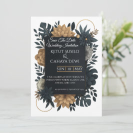 Convite  Modern Gold & Navy Floral Wedding Invitation 
