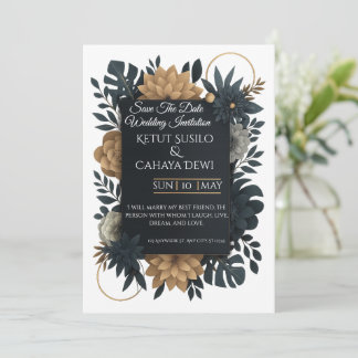 Convite  Modern Gold & Navy Floral Wedding Invitation 