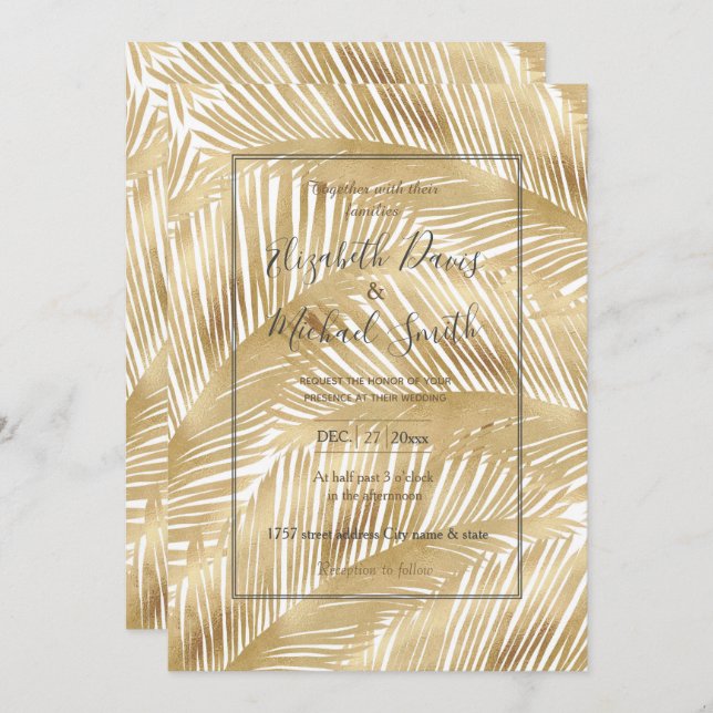 Convite Modern Gold Palm Leaf Tropical Pattern (Frente/Verso)