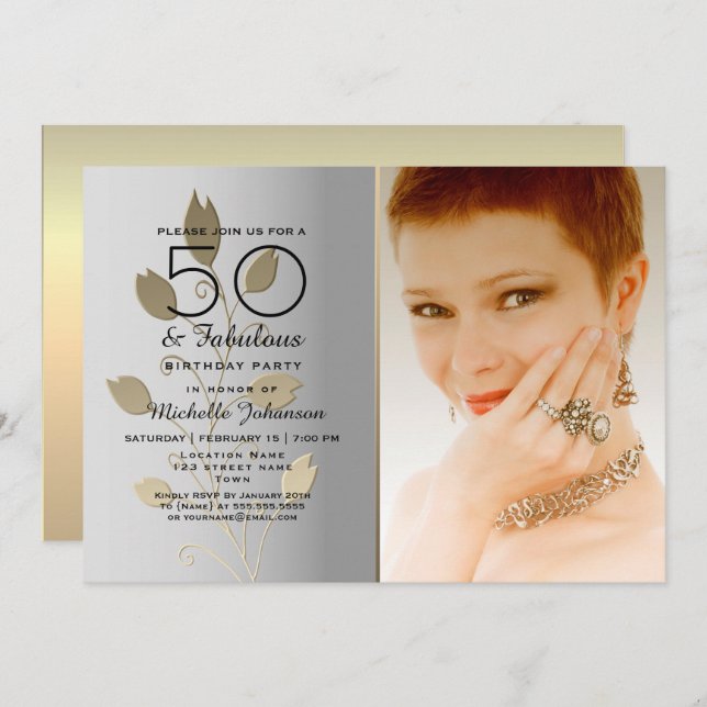 Convite Modern Gold Photo 50th Birthday (Frente/Verso)
