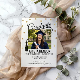 Convite Modern Gold Polka Dot Graduation Party Photo 
