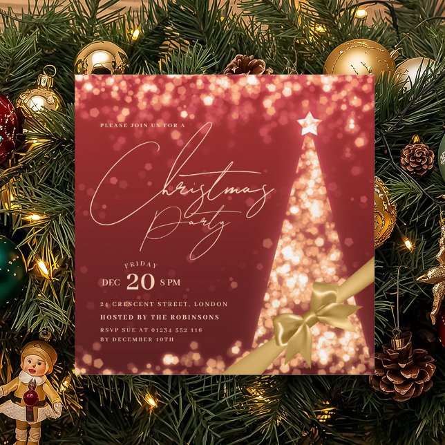 Convite MODERN Gold Red Winter Christmas Tree Bow Party  (MODERN Gold Red Winter Christmas Tree Bow Party Invitation)