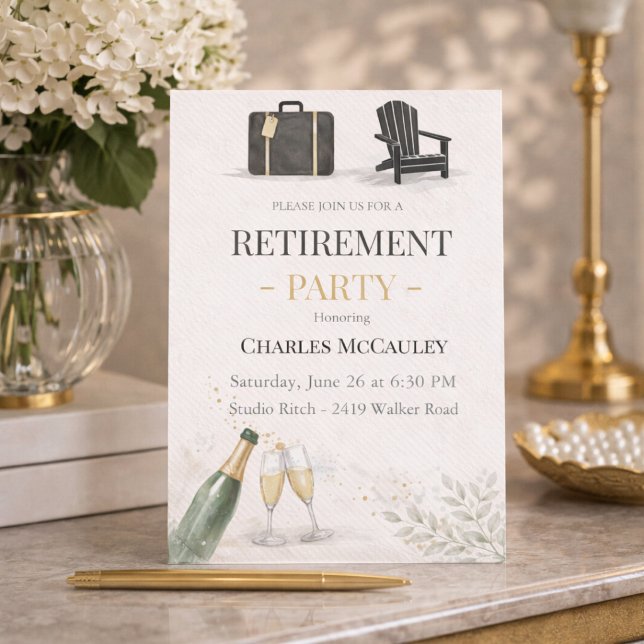 Convite Modern Gold Retirement Invitation (Modern gold retirement party invite with champagne detail and refined evening feel)