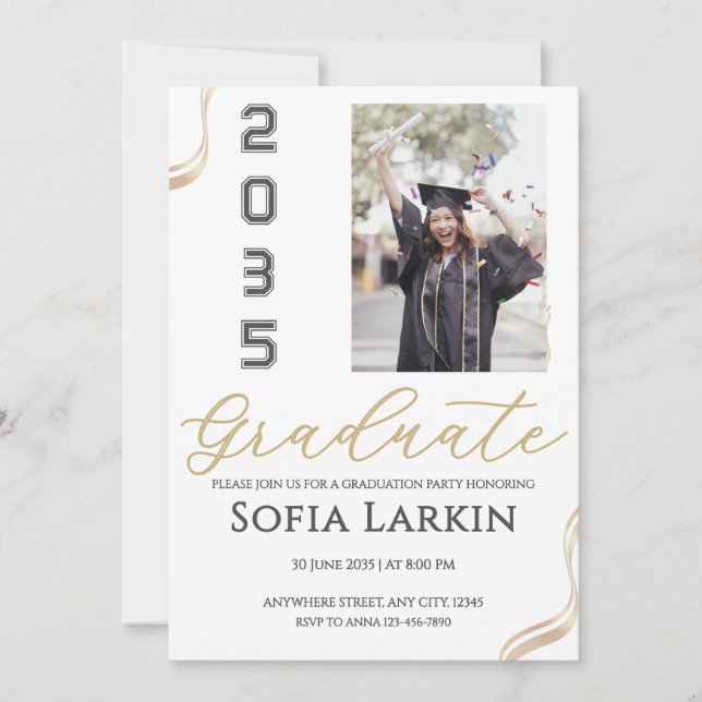 Convite Modern Gold Script Photo Graduation Party  (Frente)