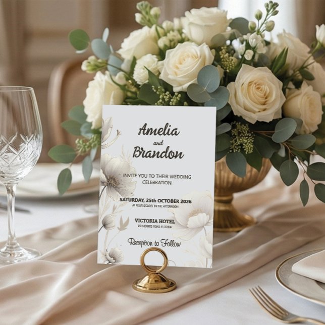 Convite Modern Gold Sketch Flowers | White Wedding (Criador carregado)