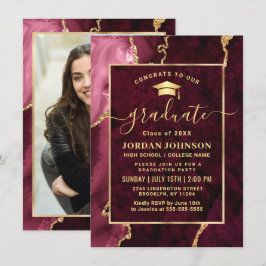 Convite Modern Golden Burgundy Marble Graduation Party