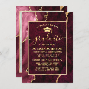 Convite Modern Golden Burgundy Marble Graduation Party