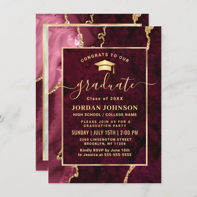Convite Modern Golden Burgundy Marble Graduation Party (Frente/Verso)