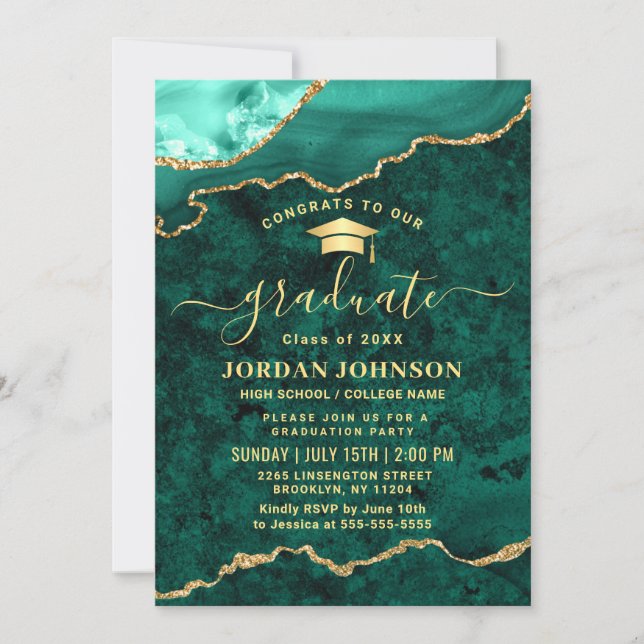 Convite Modern Golden Green Marble Graduation Party (Frente)