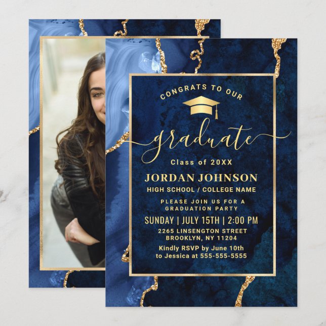 Convite Modern Golden Navy Blue Marble Graduation Party (Frente/Verso)