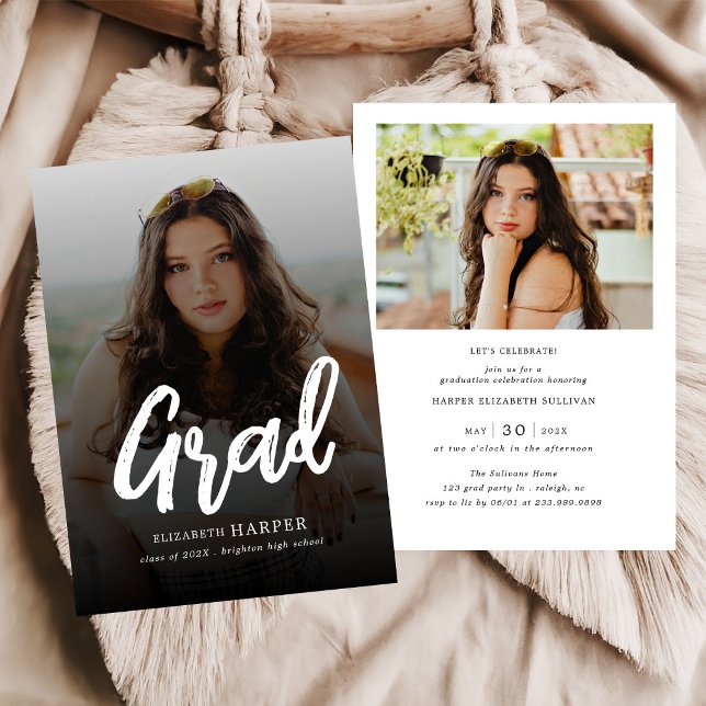Convite Modern Grad Brush Script Photo Graduation (Criador carregado)