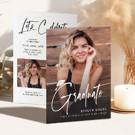 Convite Modern Grad Cap Script 4 Photo Simple Graduation