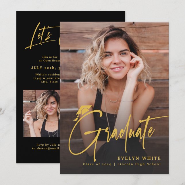 Convite Modern Grad Cap Script 4 Photo Simple Graduation (Frente/Verso)