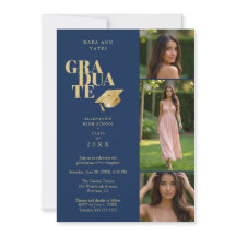 Modern Graduate Collage 3-Photos Navy Blue & Gold