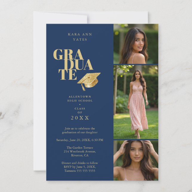 Convite Modern Graduate Collage 3-Photos Navy Blue & Gold (Frente)