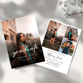 Convite Modern Graduate White Script 4 Photos Graduation  