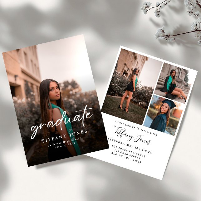 Convite Modern Graduate White Script 4 Photos Graduation   (Criador carregado)