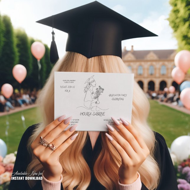 Convite Modern Graduation Black & white line art graduate  (Criador carregado)