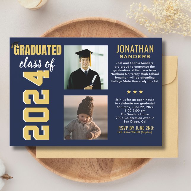 Convite Modern Graduation Party with 2 Photos in Blue (Criador carregado)